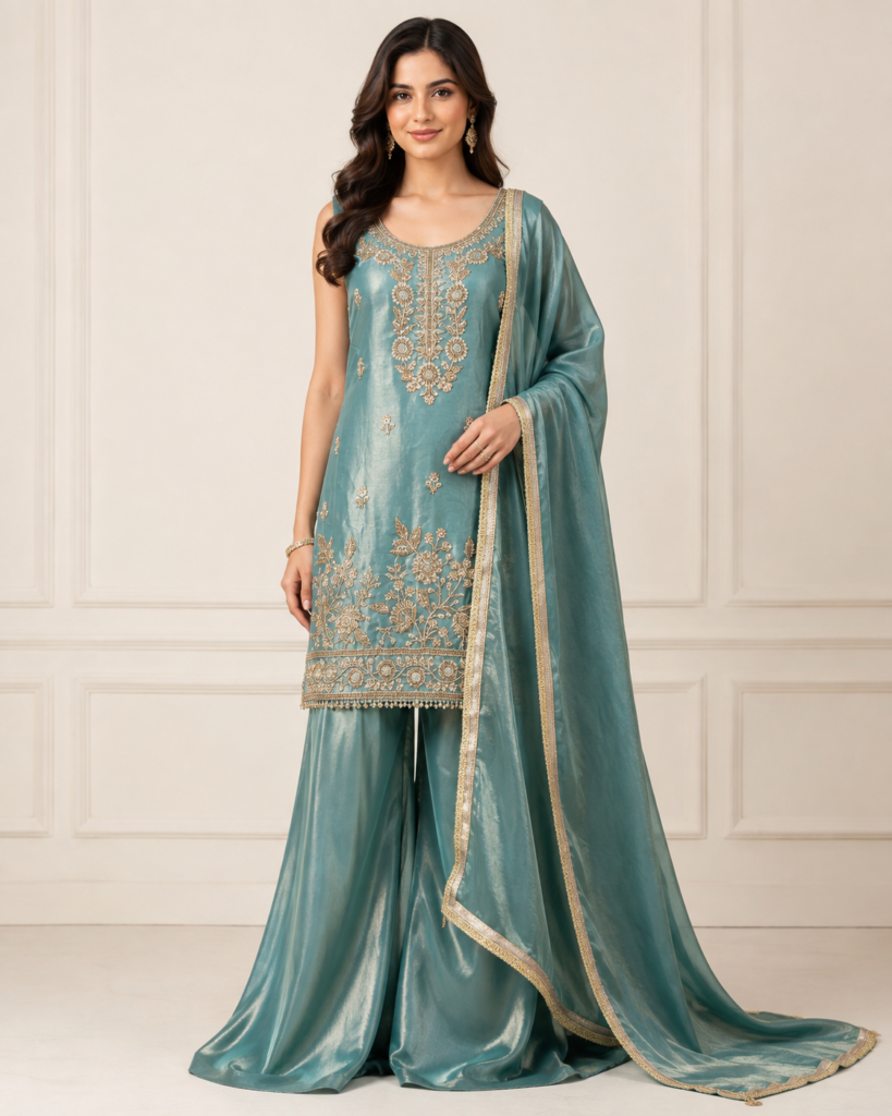 Zarmina Teal Embroidered 3-Piece Set front view