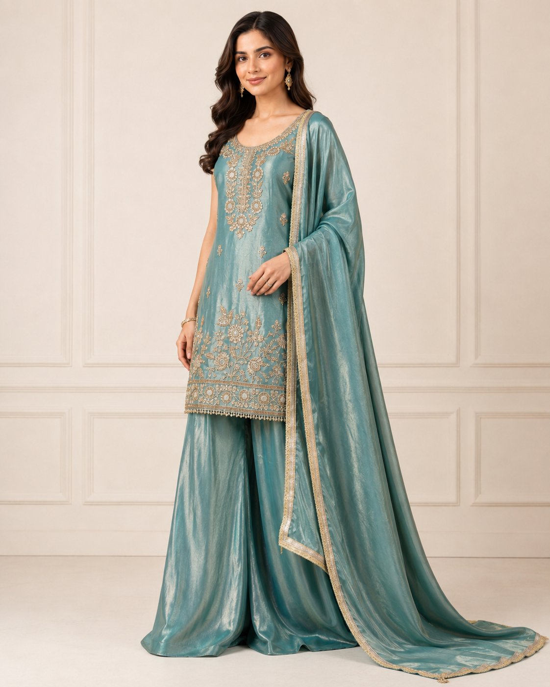 Zarmina Teal Embroidered 3-Piece Set side view