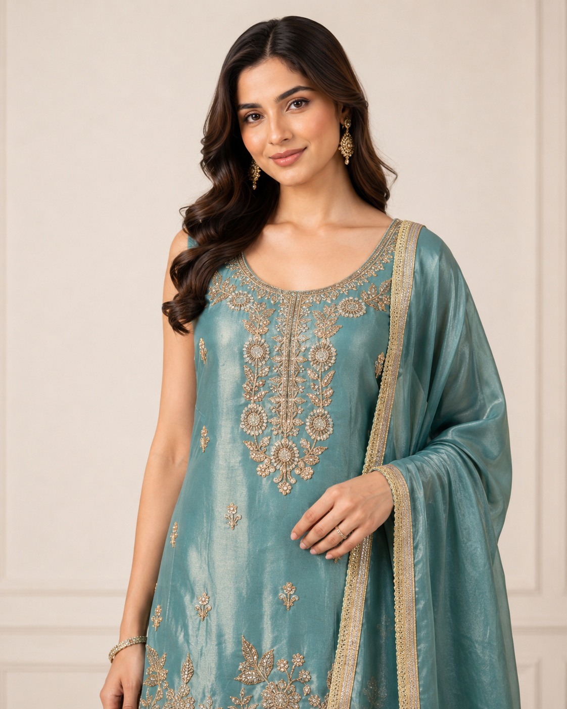 Zarmina Teal Embroidered 3-Piece Set embroidery detail