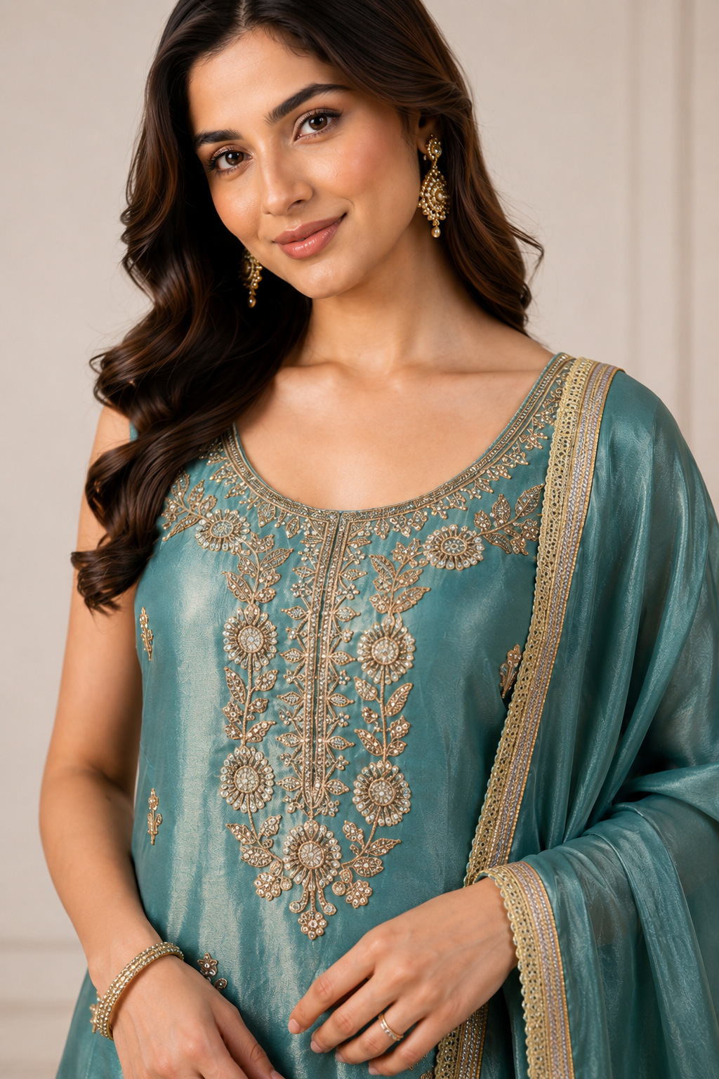 Close-up of Zarmina Teal Embroidered 3-Piece Set neckline and gold embroidery