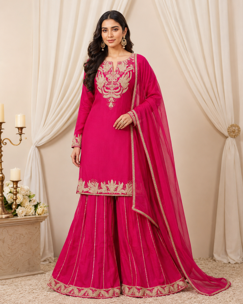 Gulnaar Fuchsia Embroidered Sharara Set front view